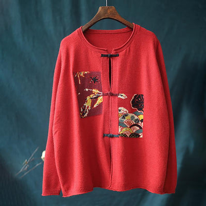 Buykud Printed Patchwork Single Breasted Knitted Coat