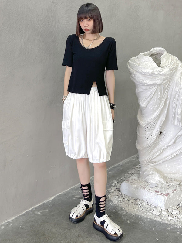 Casual Solid Color Split-Side Short Sleeves U-Neck Shirts