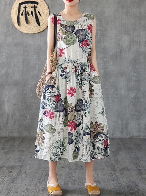 National Flower Printed Sleeveless Long Dress