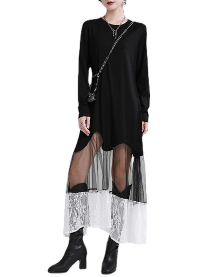 Stylish Original Split-Joint Embroidered Hollow Lace Round-Neck Long Sleeves Maxi Dress
