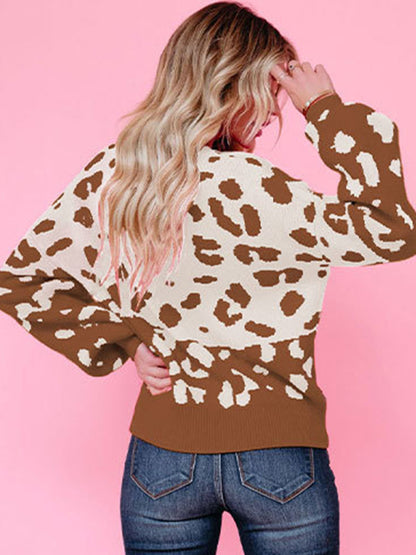 Urban Puff Sleeves Leopard Two-Tone Round-Neck Sweater Tops