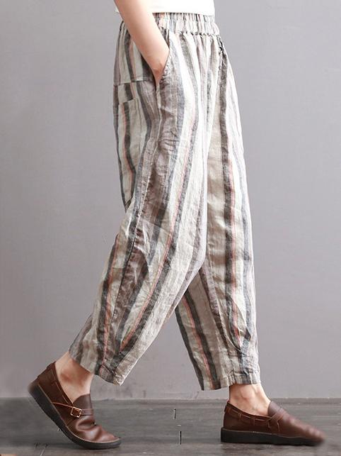 Ramie Cotton Vintage Striped Harem Linen Pants