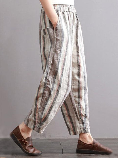 Ramie Cotton Vintage Striped Harem Linen Pants