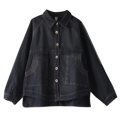 Buykud Casual Turn-down Collar Embroidered Letters Denim Coat