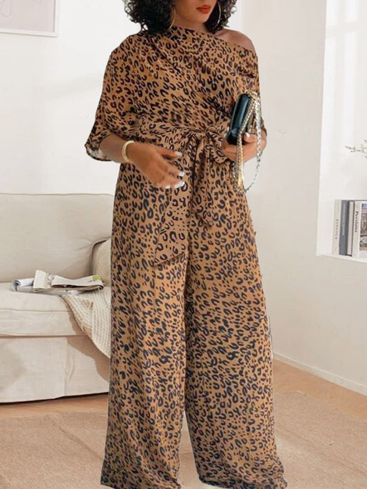 Original Leopard Tied Round-Neck Sloping Shoulder Jumpsuits