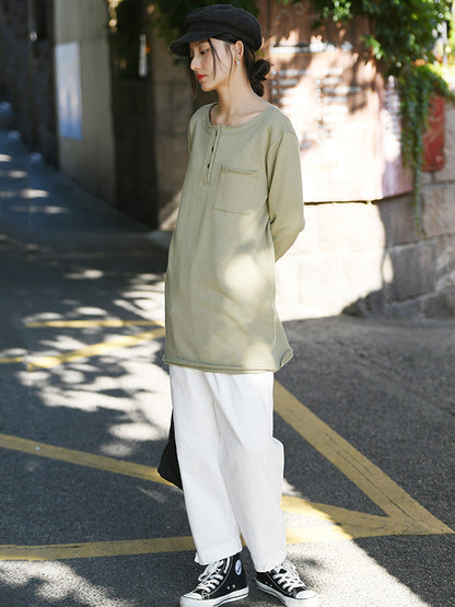 Artistic Retro Long Sleeves Loose Solid Color Round-Neck T-Shirts Tops