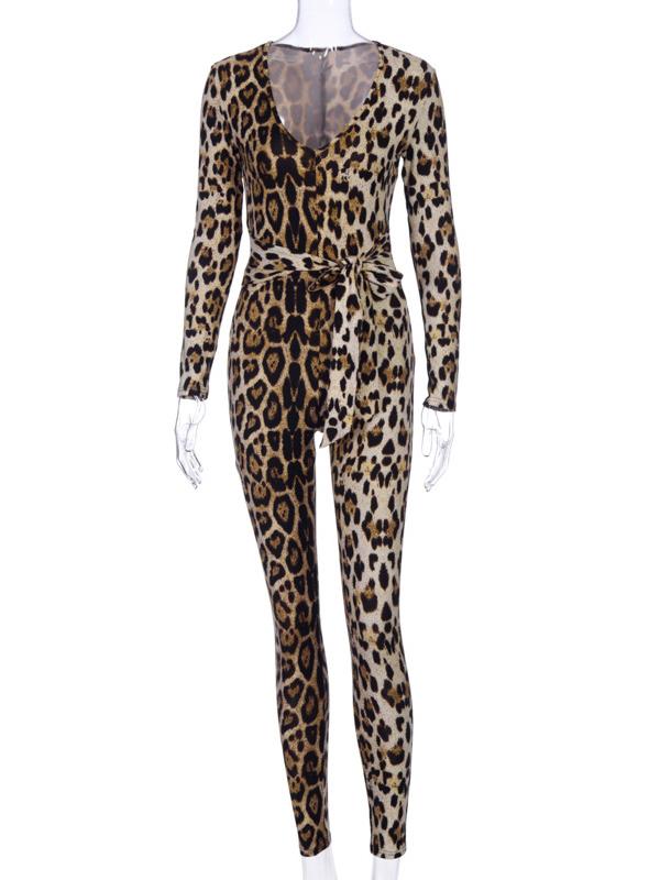 Leopard V-Neck Waistband Yoga Jumpsuits