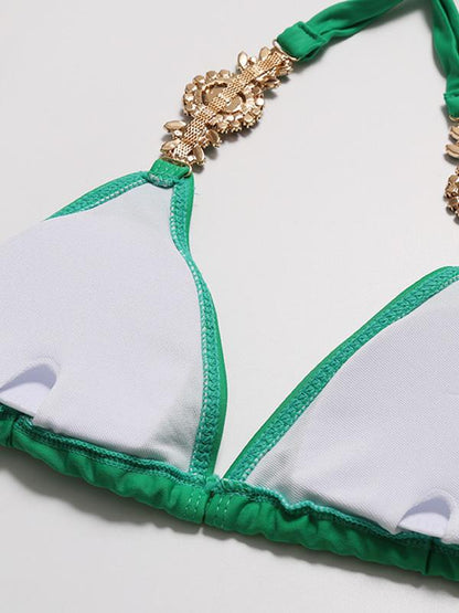 Solid Color Imitated Crystal Decorated Bikinis Swimwear