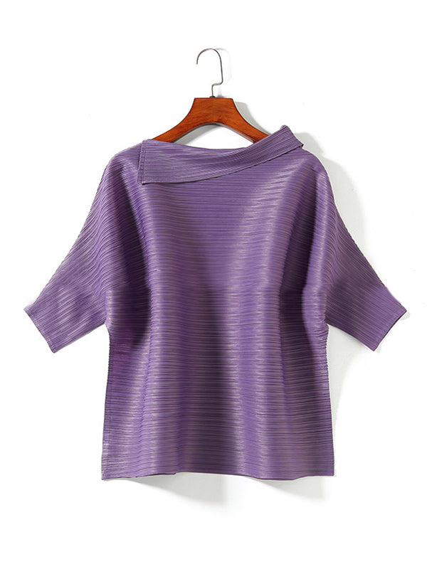 Original Pleated Solid Color Lapel Collar T-Shirt Top