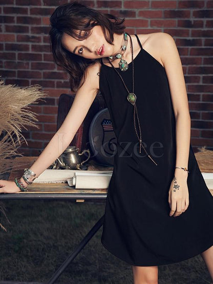 National Embroidered Hollow Spaghetti-neck Mini Dress