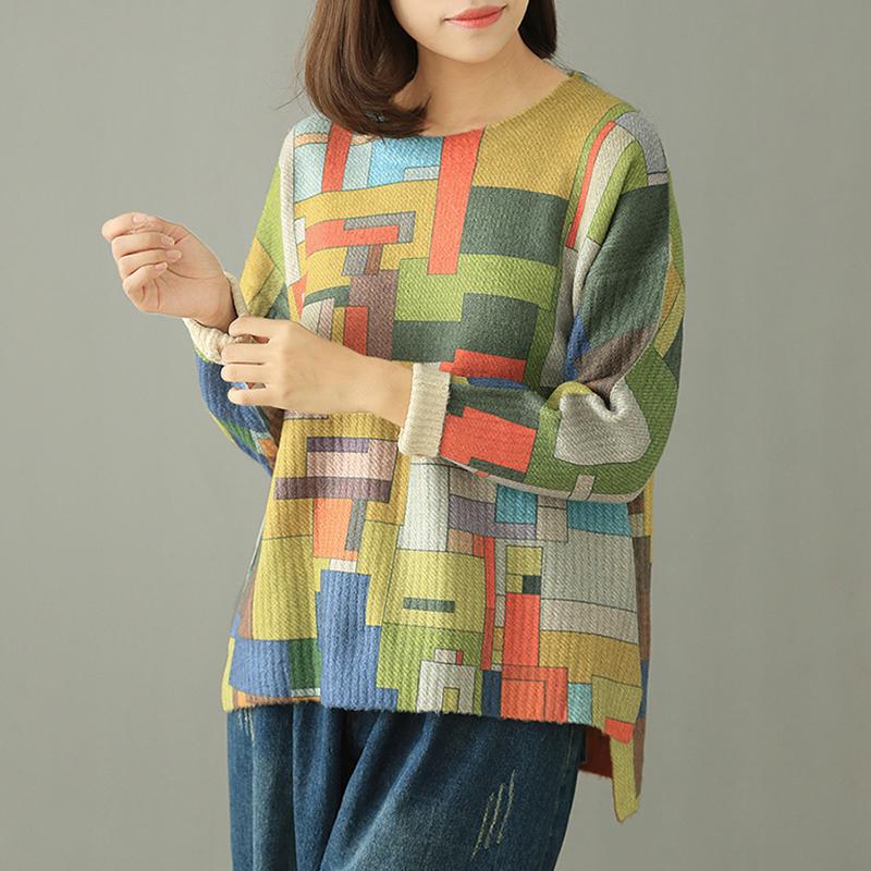 Buykud Colored Blocks Round Neck Casual Sweater
