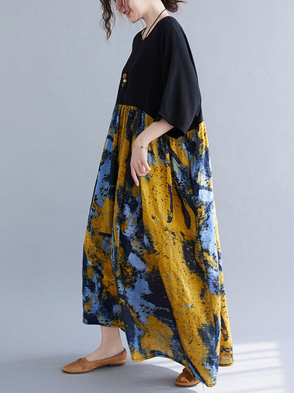 Artistic Retro Floral Printed Split-Joint Pleated Round-Neck Half Sleeves Midi Dress