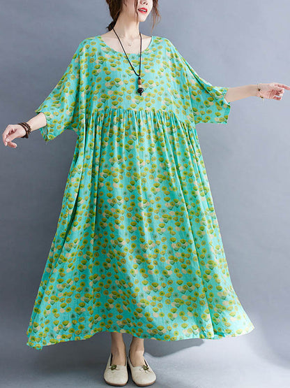 Summer Plant Printing Batwing Sleeves Split-Joint Round-Neck Long Dress