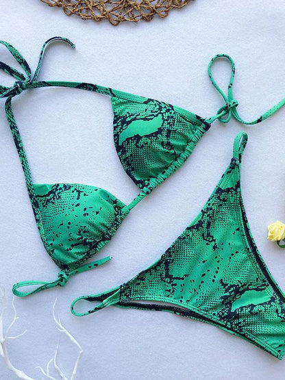 Lace-up Snakeskin Print Scrunch Bikini Set