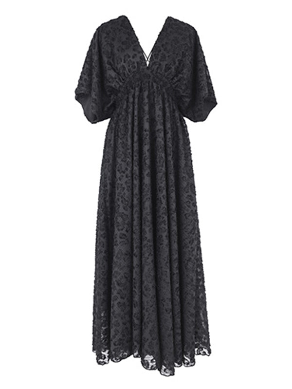Stylish Solid Color Hollow Embroidered Mesh Backless Split-Side V-Neck Half Sleeves Maxi Dress