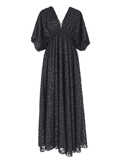 Stylish Solid Color Hollow Embroidered Mesh Backless Split-Side V-Neck Half Sleeves Maxi Dress