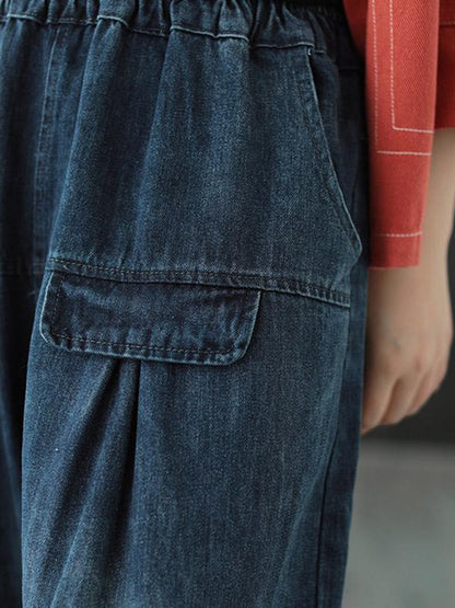 Leisure Solid Denim Puff Pants Bottoms