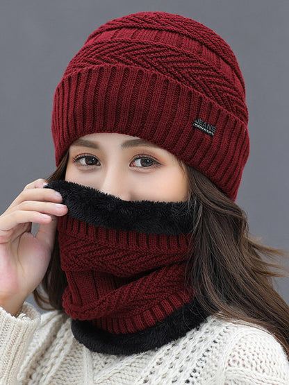 Winter Knitting Solid Color Keep Warm Scarf&Hat Two Pieces Set