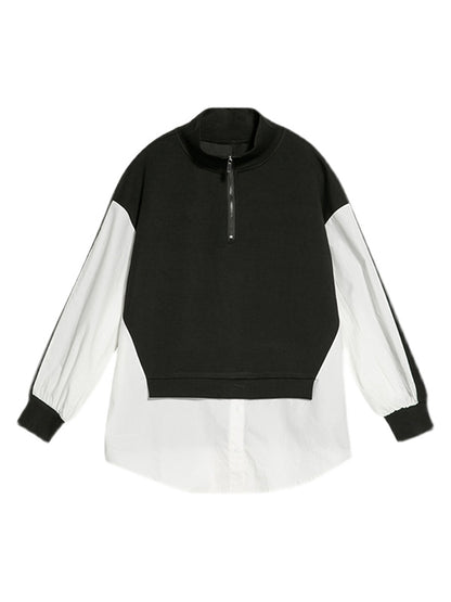 Stylish Split-Joint False Two Long Sleeves Zipper Stand Collar T-Shirt
