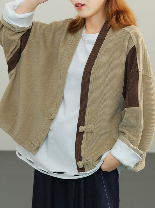 Vintage Contrast Color V-Neck Corduroy Short Jacket