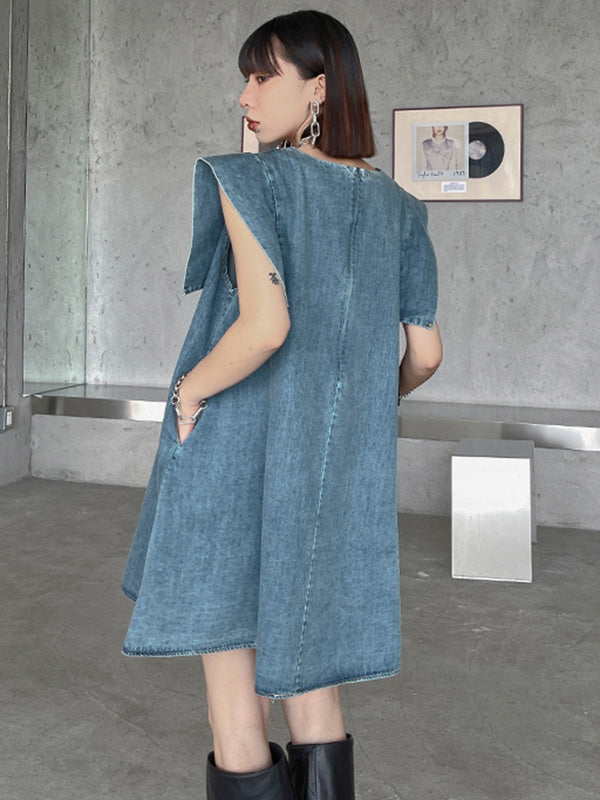 Stylish Denim Split-Joint Sleeveless Vest H-Line Mini Dress