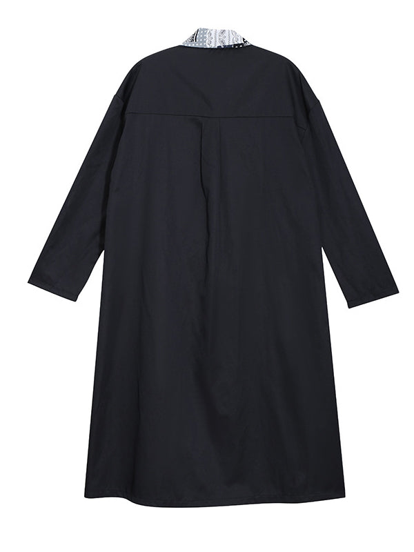 Original Printed Split-Joint Buttoned Lapel Collar Long Sleeves False Two Midi Dress