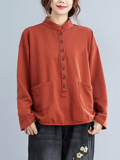 Casual Solid Color Buttoned Split-Joint With Pocket Stand Collar Long Sleeves Sweatshirts