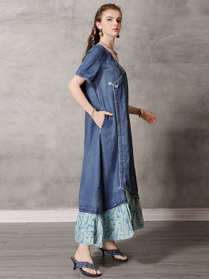 Original Retro Split-joint Cropped Frog Long Dress