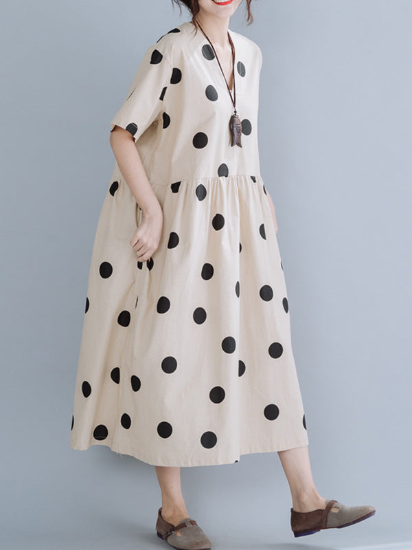 Simple Asymmetric Polka-Dot V-Neck Loose Short Sleeves Midi Dress