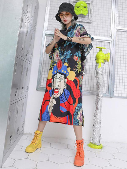 Casual Retro Printed Loose Midi Dress