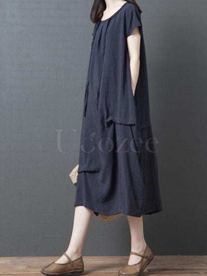 Casual Solid Ruffled Round-neck Midi Dress
