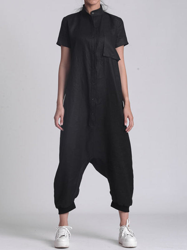 Simple Black Stand Collar Low Crotch Short Sleeves Jumpsuits