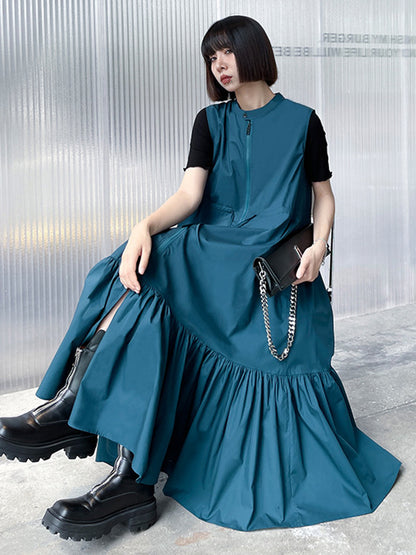Simple Zipper Pleated Stand Collar A-Line Sleeveless Midi Dress