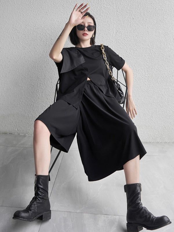 Stylish Black Split-Front Asymmetric Split-Joint Short Sleeves T-Shirts