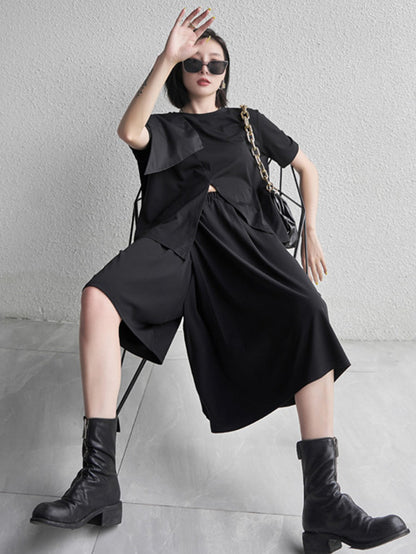 Stylish Black Split-Front Asymmetric Split-Joint Short Sleeves T-Shirts