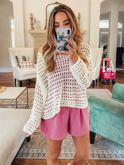White Long Sleeve Hollow Blouses&Shirts Tops