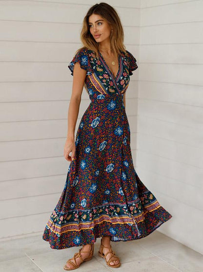 Bohemia V-neck Printed Beach Maxi Dresses