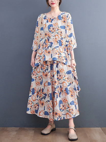 Loose Artistic Retro Floral Printed T-Shirt Top&Wide Legs Pants 2 Pieces Set