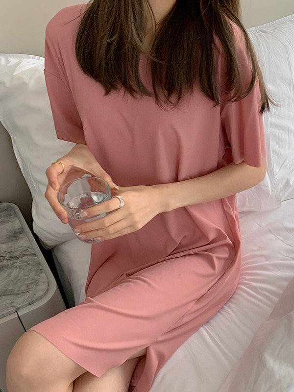 Casual Solid Color Short Sleeve Round-Neck Dress