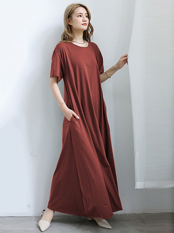 Simple Solid Color Oversized A-Line Round-Neck Short Sleeves Maxi Dress