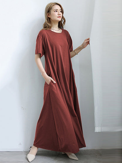 Simple Solid Color Oversized A-Line Round-Neck Short Sleeves Maxi Dress