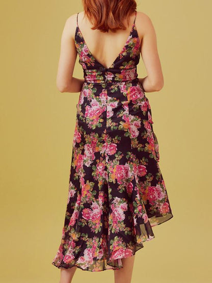V-neck Irregular Bottom Floral Printed Midi Dress
