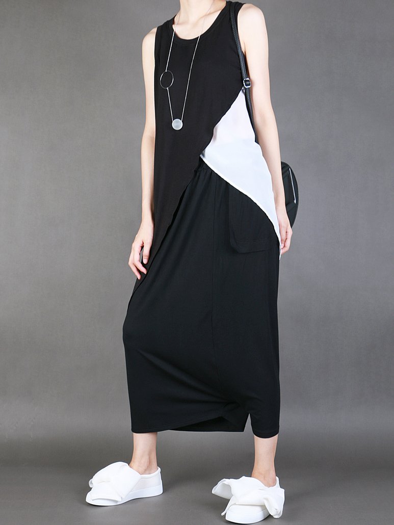 Black&White Split-joint Round-neck Sleeveless T-shirt