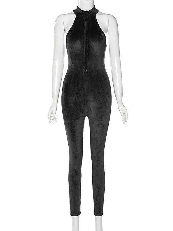 Solid Halterneck Zipper Yoga Jumpsuits