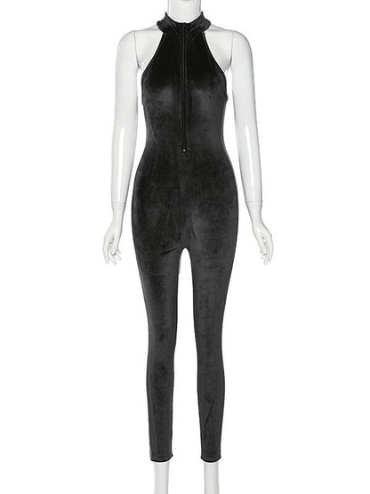 Solid Halterneck Zipper Yoga Jumpsuits