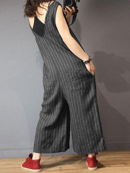 Striped V-neck With-pockets Wide Leg Jumpsuits