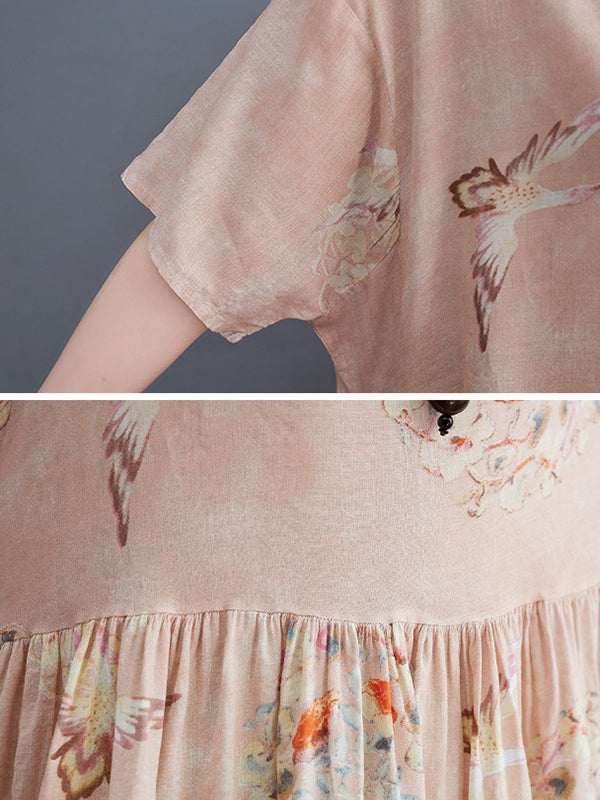 Artistic Retro Loose Floral Printed Pleated Half Sleeves Midi Dress