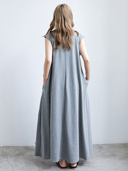 Simple Solid Color Oversized A-Line Round-Neck Cap Sleeves Maxi Dress
