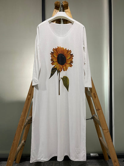 Casual Solid Color Sunflower Printed Split-Side Long Sleeves Midi Dress