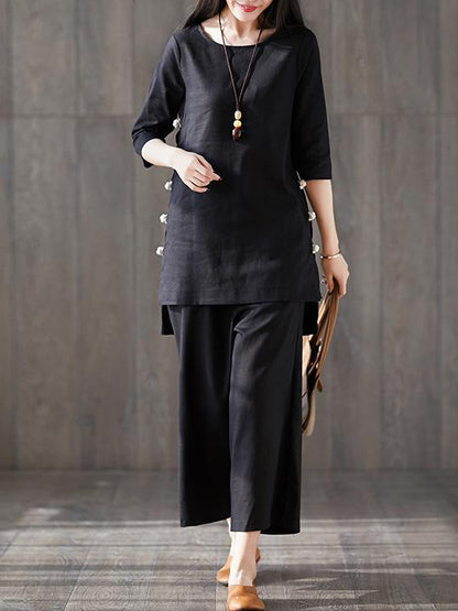 Solid Short Sleeves Shirt + Straight Leg Pants